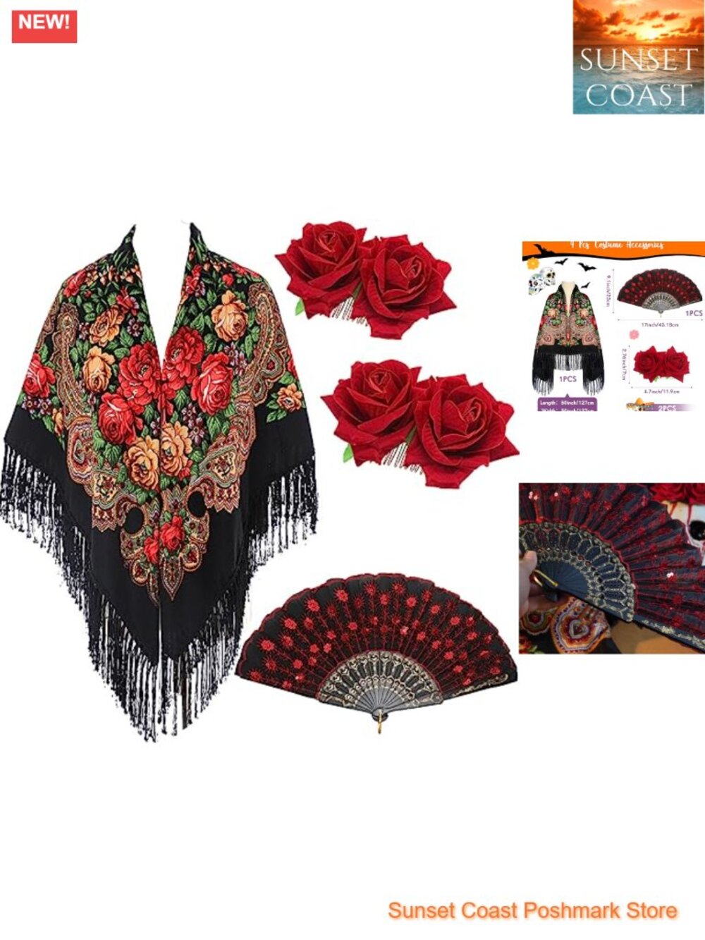 Traditional Mexican Flamenco Shawl Scarf Tassel Costume Accessory Set